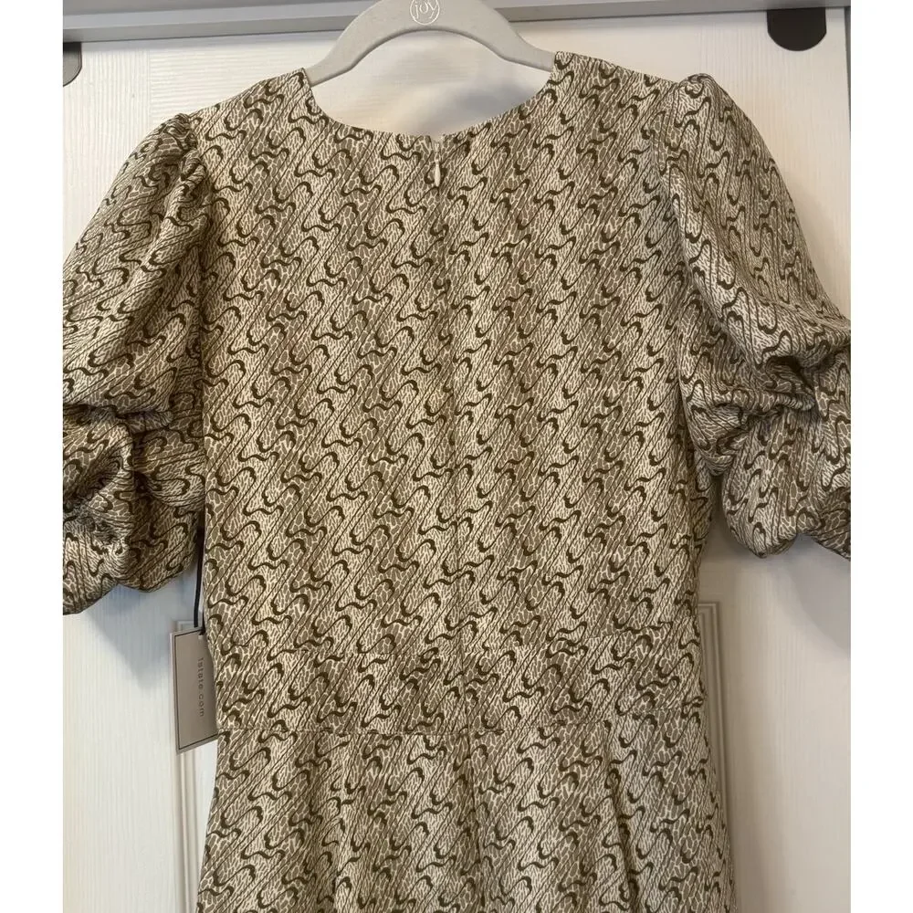 1.State NWT V-Neck Mini Dress Sz XS Oatmeal Bubble‎ Puff Sleeve Hi-Low Hem Swing